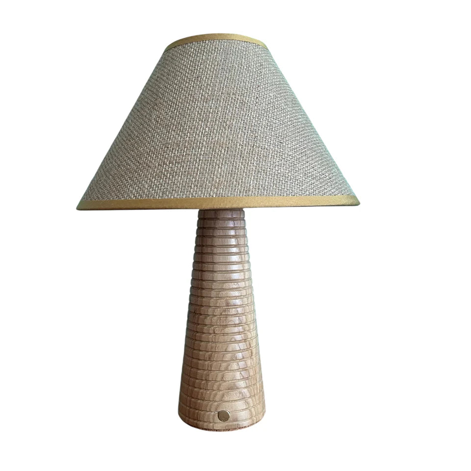Chalk Rechargeable Touch Lamp - Ribbed Beech w/ Hessian Lampshade