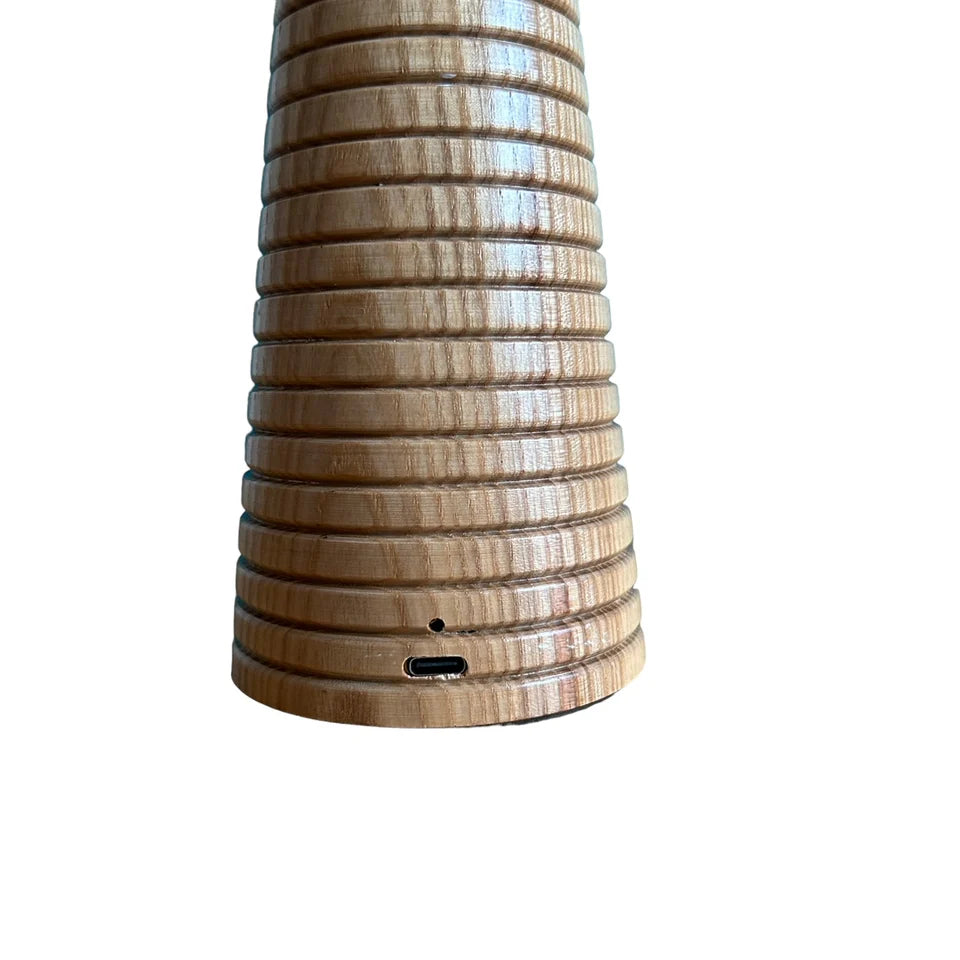 Chalk Rechargeable Touch Lamp - Ribbed Beech w/ Hessian Lampshade