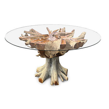 Java Teak Root Round Dining Table (150cm glass)